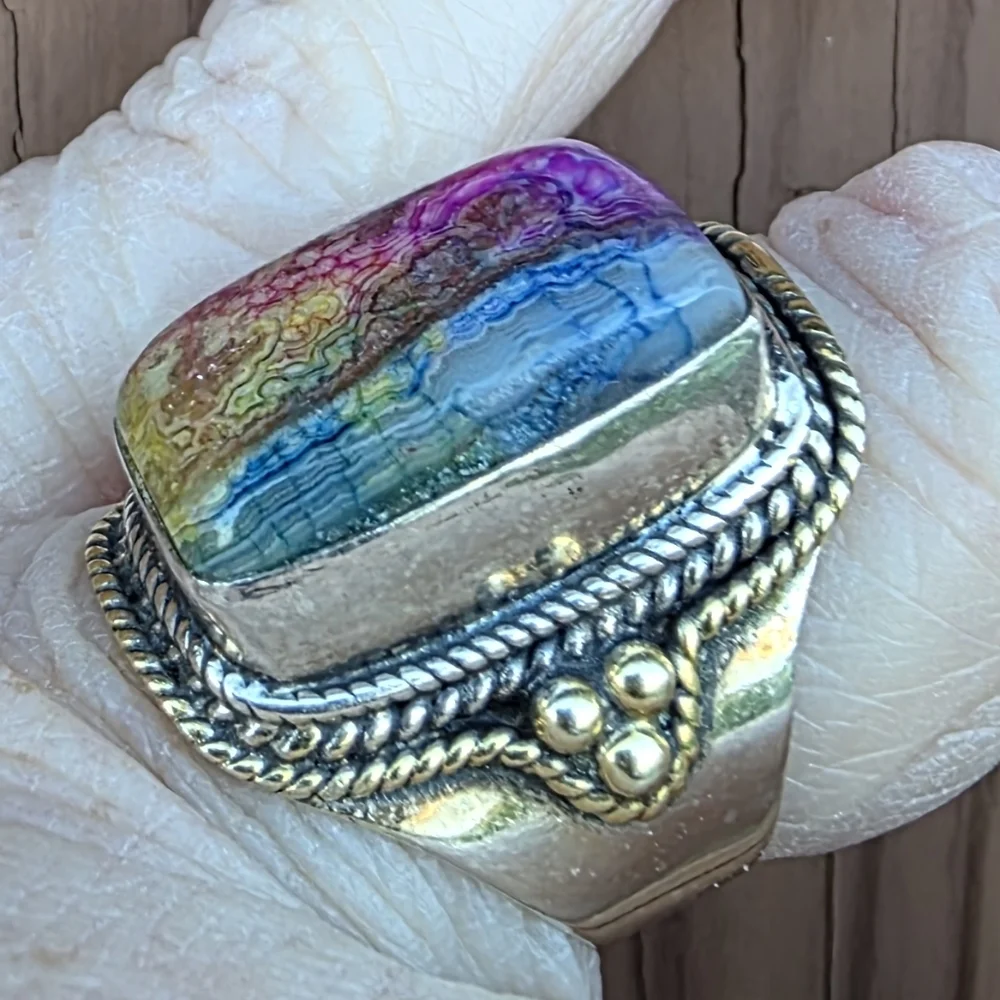 Crazy Lace Gemstone Ring in 925 Sterling Silver w/ Gold Vermeil Accents (7)